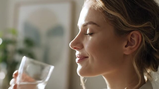 Woman drinking refreshing water from a glass, hydrated and smiling, enjoying healthy lifestyle and wellness concept