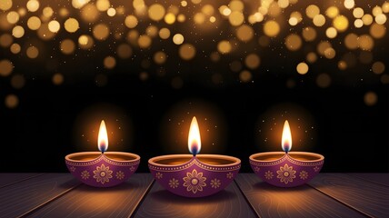 Three lit traditional Indian diyas with floral patterns on a wooden surface, illuminated by warm bokeh lights and tiny sparkling embers.
