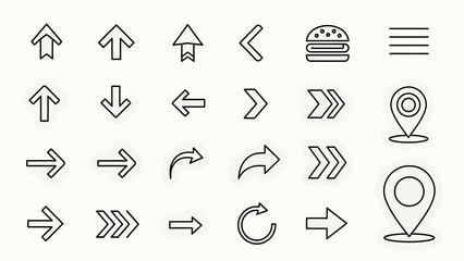 Essential outline vector icons for web and mobile UI/UX design. Diverse navigation arrows, menu, hamburger, location markers for modern interface