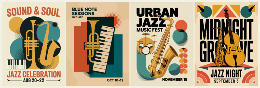 Set of retro style jazz posters featuring piano, saxophone, cello, geometric shapes, and bold typography in teal and orange.