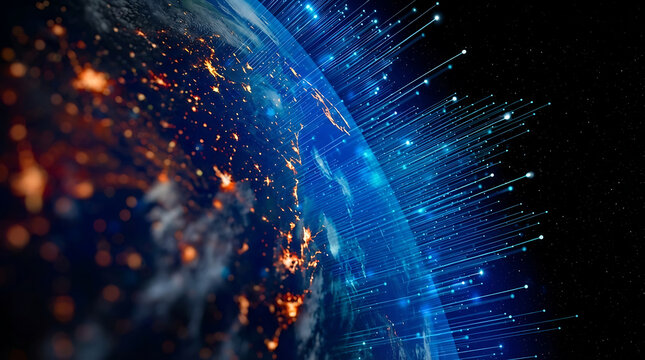 Global digital network connection showing earth with glowing blue light rays representing high speed internet data transfer and worldwide telecommunication infrastructure - Powered by Adobe