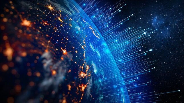 Global communications network with earth and glowing blue light rays symbolizing high speed digital data transfer and satellite internet connectivity for international business and technology - Powered by Adobe