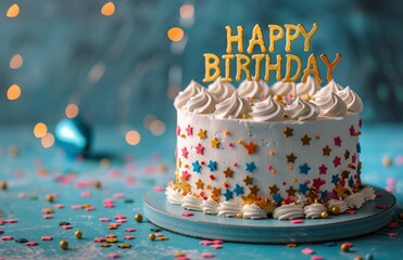 Festive Birthday Cake With Gold Happy Birthday Topper And Star Sprinkles On A Blue Background