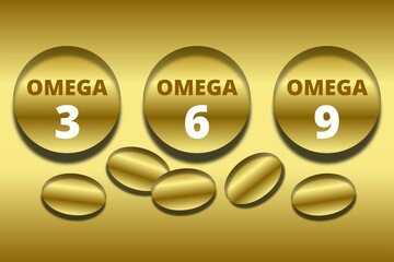 Omega fatty acids, fish oil nutrients illustration. Omega 3 6 9 supplement concept with gold capsules and badges on golden background. 