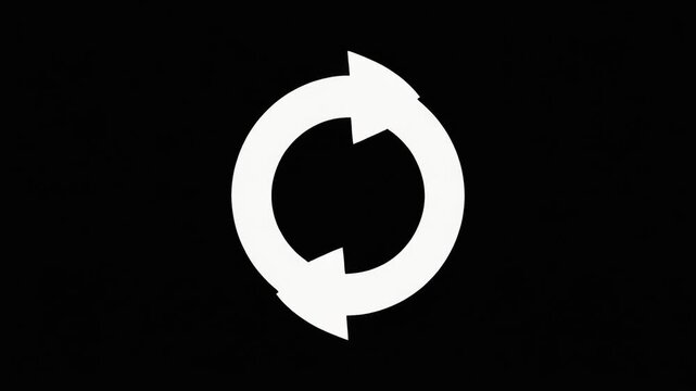 A white circular arrow icon with two arrows on a black and white background.