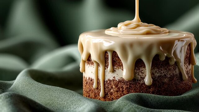A close-up captures the moment caramel elegantly cascades down a luscious chocolate cake, set against a backdrop of gentle green drapery