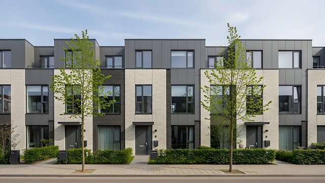 Modern townhouse residential buildings with clean geometric design, neutral colors, and urban landscaping, representing contemporary architecture and comfortable city living.