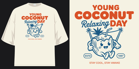 young coconut relaxing day summer beach chill vibes tropical vacation vintage graphic tee t shirt design vector illustration artwork

