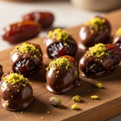 Delicious chocolate covered dates with crushed pistachios on wooden board