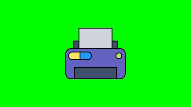 Printer icon animation illustration showing purple desktop printer with paper