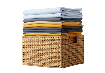 Rectangular wicker hamper filled with a towering, neat stack of freshly folded blue, gray, and yellow linens, captured in high-key product studio lighting concept of domestic tranquility
