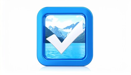 Glossy Blue 3D Check Mark Tilted on White Background