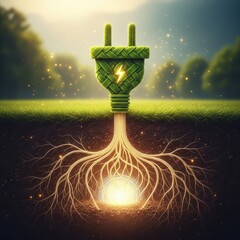 Sustainable energy concept with green plug and glowing roots in soil