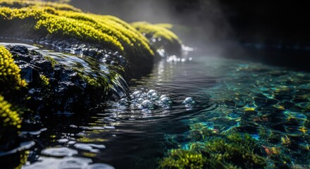 Serene natural hot spring with mossy rocks and clear water