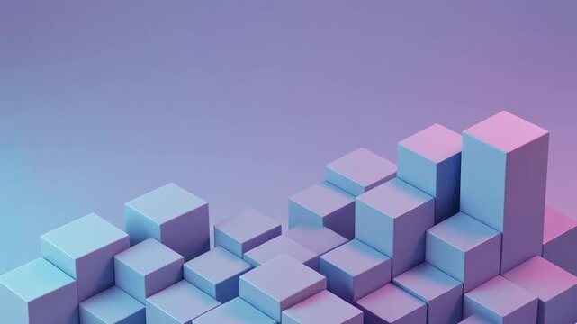 3D rendering of colorful blocks arranged in a gradient pattern on a purple background with a mix of blue and pink hues.