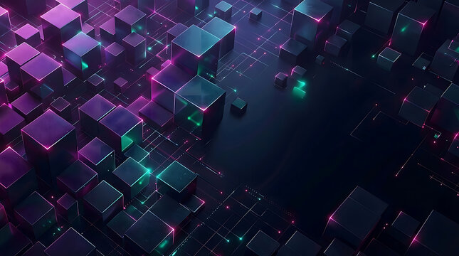 Neon glowing 3d isometric cubes and digital circuits representing the concept of blockchain infrastructure and centralized data storage in a futuristic virtual cyber space environment - Powered by Adobe