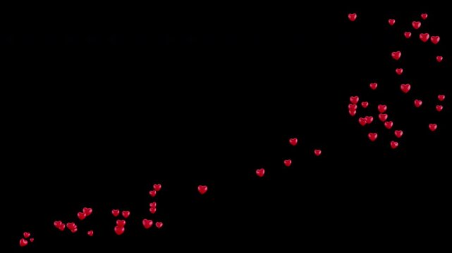 Seamless 4K loop of elegant red hearts gently floating from right to left like soft bubbly particles.Minimal heart amount, smooth romantic motion, alpha channel for easy VFX and motion graphics compos
