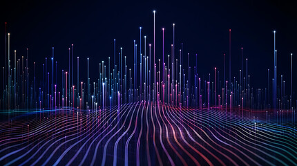 Vibrant vertical light beams rising from a digital landscape symbolizing cloud computing data transmission and electronic signals in a high speed fiber optic network environment