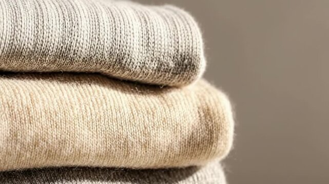 Stacked neutral wool sweaters in beige gray tan tones, soft textured knitwear pile cozy fashion autumn