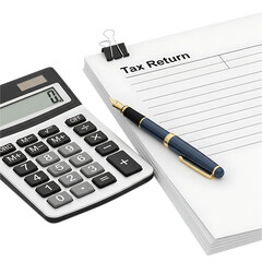 Tax return preparation with calculator and pen on paperwork
