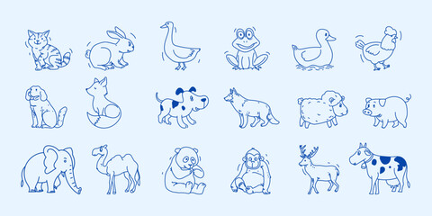 Set of hand drawn poultry farm, pet and wild animals line art sketch vector illustration collection. Isolated on white background.