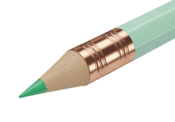 a stubby, freshly sharpened pastel mint green colored pencil, featuring a shiny rose gold ferrule and white eraser, rendered in macro detail against a transparent background. Concept of educational