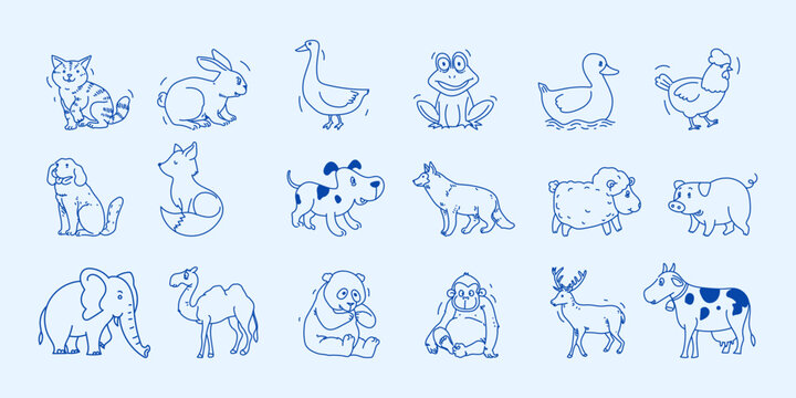 Set of hand drawn poultry farm, pet and wild animals line art sketch vector illustration collection. Isolated on white background.
