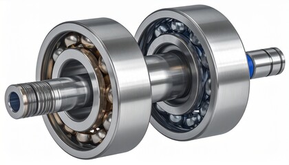 Obraz premium A detailed 3D rendering of a ball screw assembly featuring a threaded shaft and two ball bearings housed in circular casings. The component converts rotational motion into linear motion with precision