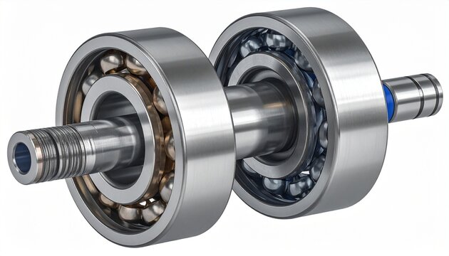 A detailed 3D rendering of a ball screw assembly featuring a threaded shaft and two ball bearings housed in circular casings. The component converts rotational motion into linear motion with precision