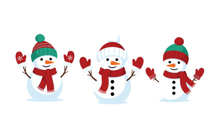 Cute cartoon illustration of three happy snowmen wearing colorful winter hats, scarves, and mittens against a white background.