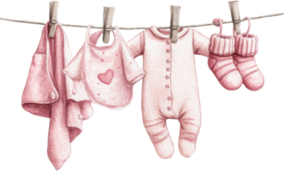 Baby clothes baby pink watercolor illustration onesie bib socks towel clothesline nursery pastel cute newborn infant girl clothing outfit soft fabric cozy tender heart pattern design children