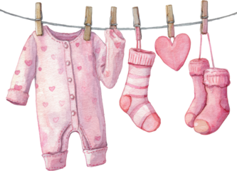 Baby pink baby cloth baby sock baby romper baby onesie baby laundry baby heart nursery decor pastel pink cute illustration Baby pink baby cloth and sock line, watercolor baby romper and heart