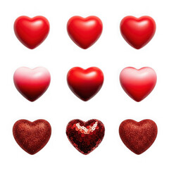 Collection of red hearts isolated on transparent background