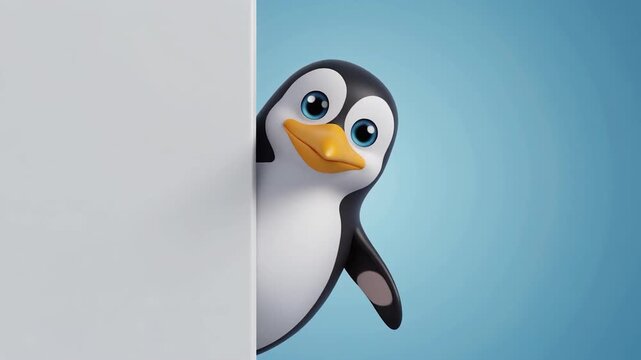 3D penguin character on right side, adorable expression, clean background, blank board, copy space.