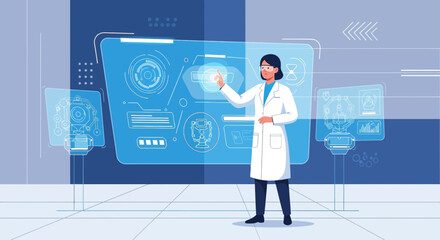 Female scientist interacts with futuristic interface in virtual reality lab for research
