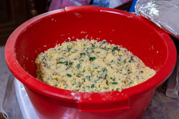 Filling of flaouna which is eggs and cheese