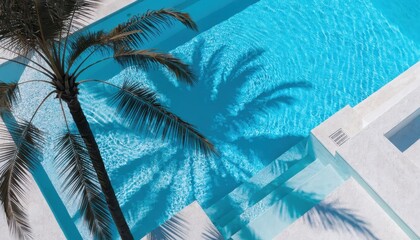 A tropical resort vacation landscape featuring a swimming pool and palm trees under a blue summer sky by the paradise island sea
