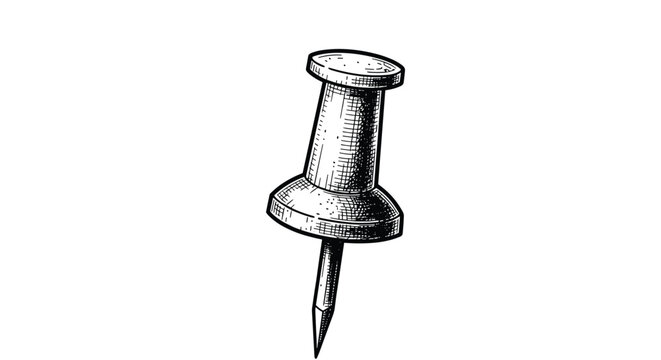 Detailed hand drawn illustration of a classic push pin with a plastic top and sharp metal point shown in a perspective view on white.