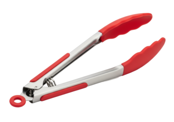 Highly polished stainless steel utility kitchen tongs with vibrant red silicone grips, open on reflective white, sharp macro focus and high-key lighting. Concept for kitchen equipment advertising