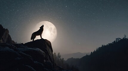 Wolf standing on a mountain peak, silhouetted against a bright full moon and starry night sky, expressing wilderness, freedom, and animal instinct in nature