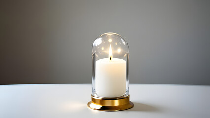White candle inside glass dome on minimalist table with grey background  