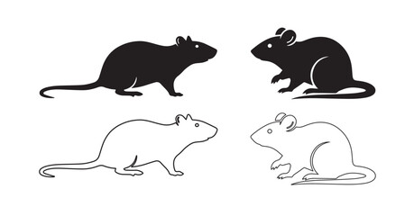 Rat and Mouse Icon Vector Set in Black and Outline Style &ndash; Rodent Silhouette Illustration for Pest Control, Logo, UI, App and Web Design