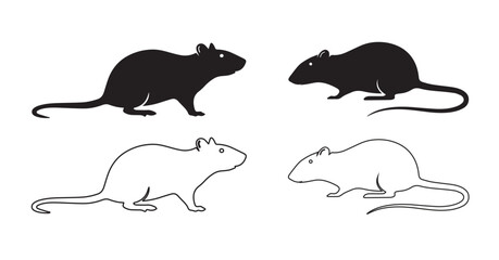 Rat and Mouse Icon Vector Set in Black and Outline Style &ndash; Rodent Silhouette Illustration for Pest Control, Logo, UI, App and Web Design