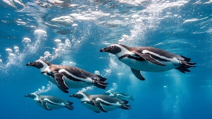 Obraz premium Group of penguins swimming underwater with bubbles in clear blue ocean, showing dynamic movement, marine wildlife behavior, and natural aquatic environment.