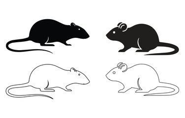 Rat and Mouse Icon Vector Set in Black and Outline Style &ndash; Rodent Silhouette Illustration for Pest Control, Logo, UI, App and Web Design
