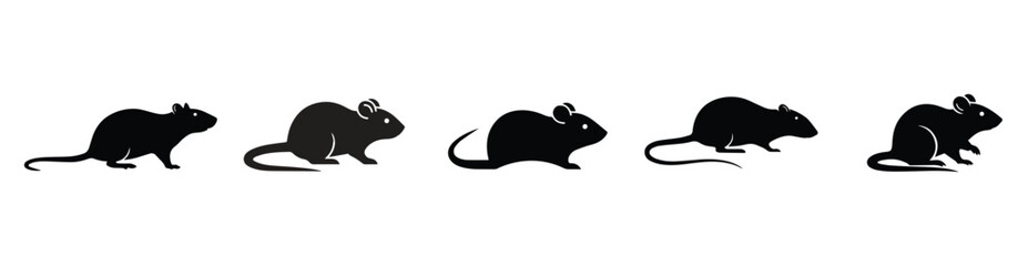 Rat and Mouse Icon Vector Set in Black and Outline Style &ndash; Rodent Silhouette Illustration for Pest Control, Logo, UI, App and Web Design