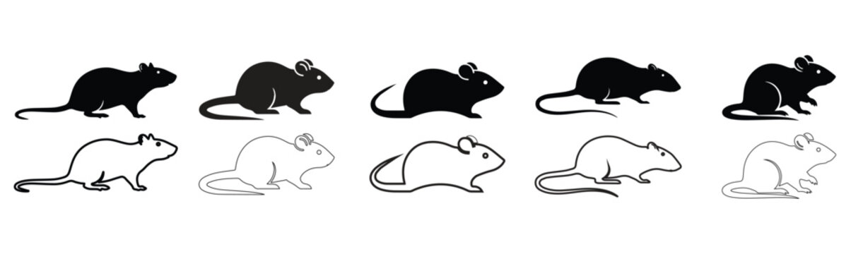 Rat and Mouse Icon Vector Set in Black and Outline Style &ndash; Rodent Silhouette Illustration for Pest Control, Logo, UI, App and Web Design