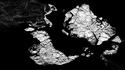 Black-and-white satellite image of a newborn island glowing with geothermal energy in glacial waters.