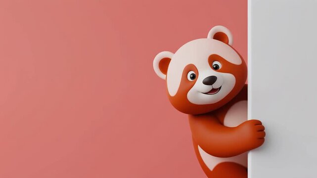 3D redpanda character peeking on right side of blank board, orange fur contrast, clean minimal background, copy space.