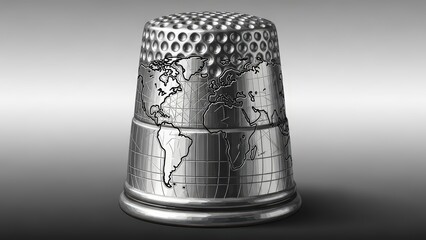 Silver Thimble with World Map Engraving, a Detailed Close-Up.